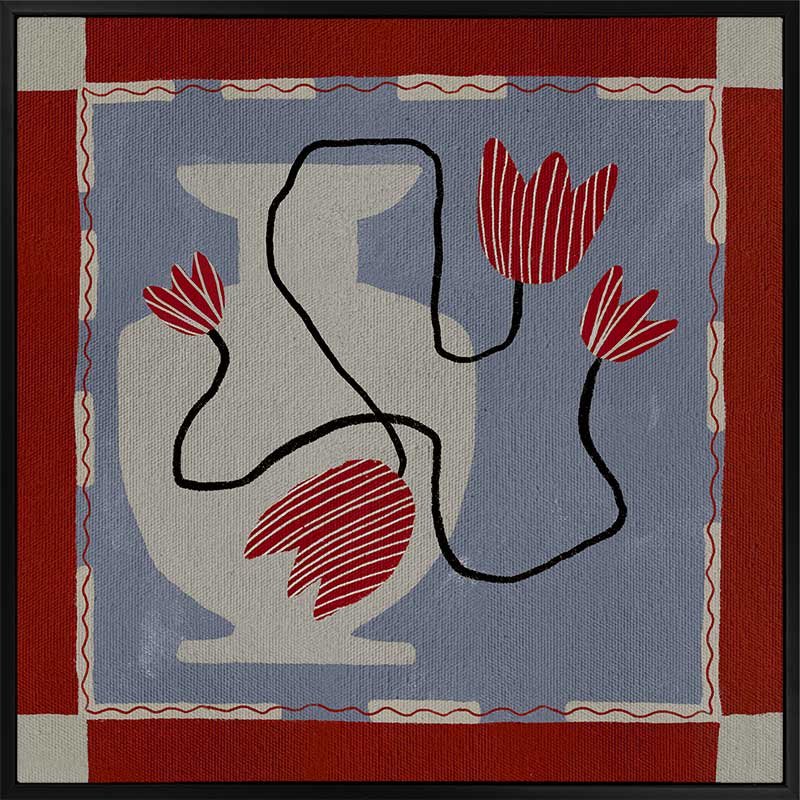 Whimsical design featuring expressive red blooms on black stems over a patchwork-style blue and red backdrop, from the Shatha collection with Urban Road.