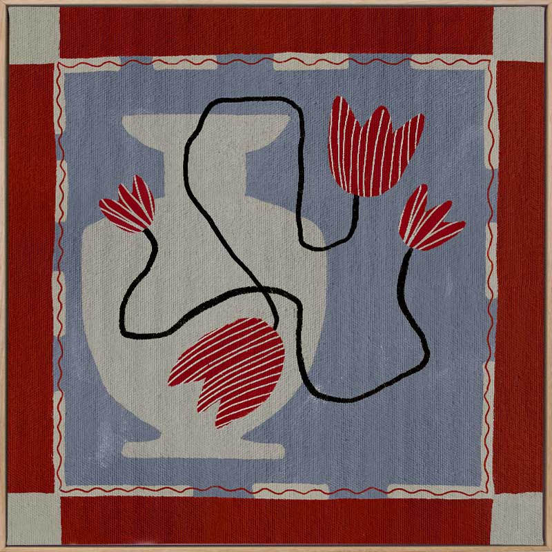 Whimsical design featuring expressive red blooms on black stems over a patchwork-style blue and red backdrop, from the Shatha collection with Urban Road.