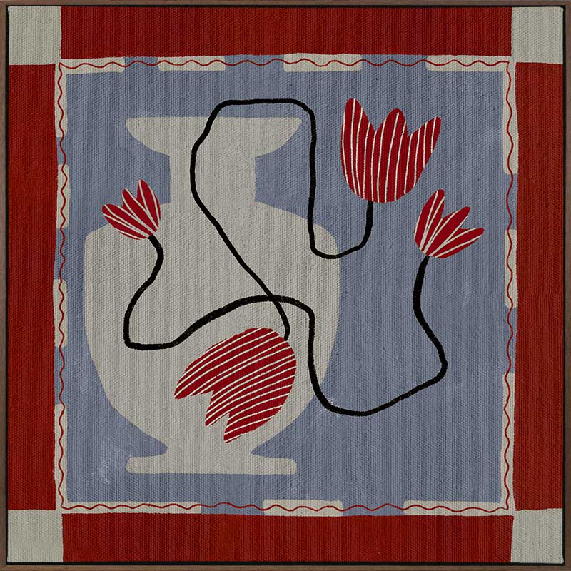 Whimsical design featuring expressive red blooms on black stems over a patchwork-style blue and red backdrop, from the Shatha collection with Urban Road.