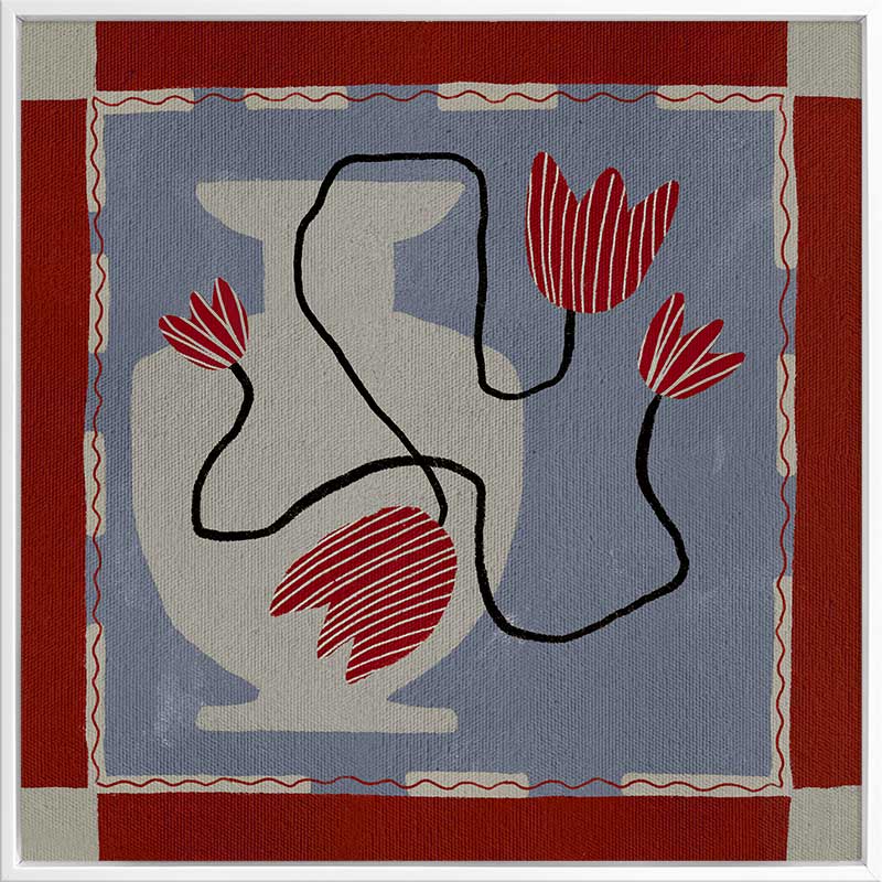 Whimsical design featuring expressive red blooms on black stems over a patchwork-style blue and red backdrop, from the Shatha collection with Urban Road.