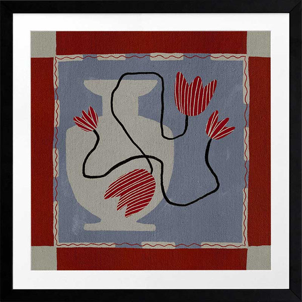 Whimsical design featuring expressive red blooms on black stems over a patchwork-style blue and red backdrop, from the Shatha collection with Urban Road.