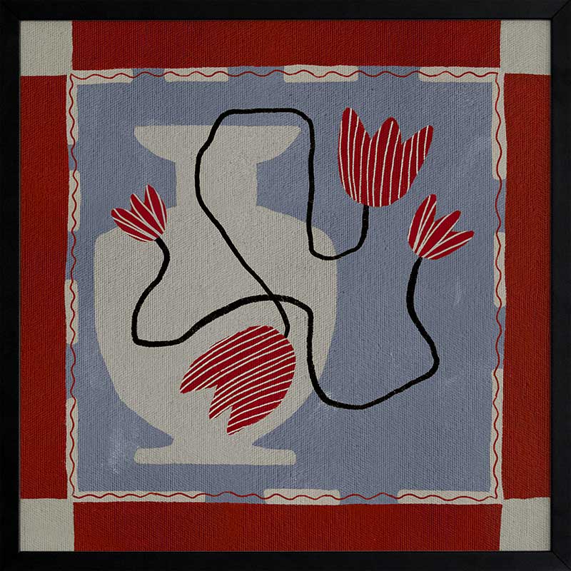 Whimsical design featuring expressive red blooms on black stems over a patchwork-style blue and red backdrop, from the Shatha collection with Urban Road.