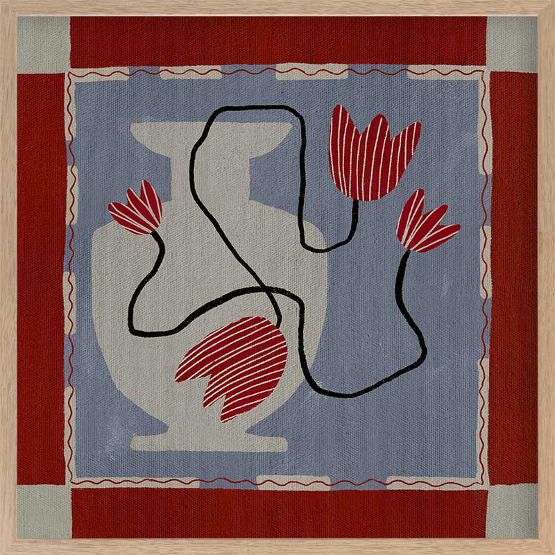 Whimsical design featuring expressive red blooms on black stems over a patchwork-style blue and red backdrop, from the Shatha collection with Urban Road.