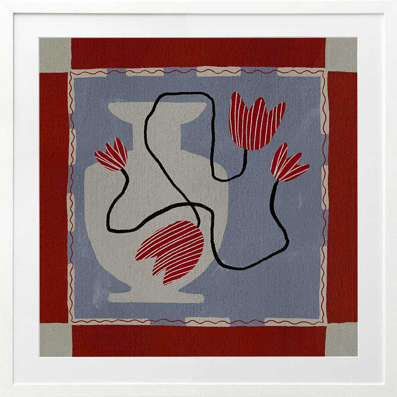 Whimsical design featuring expressive red blooms on black stems over a patchwork-style blue and red backdrop, from the Shatha collection with Urban Road.