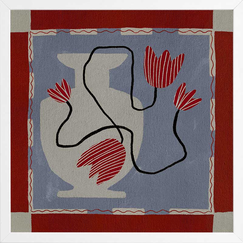 Whimsical design featuring expressive red blooms on black stems over a patchwork-style blue and red backdrop, from the Shatha collection with Urban Road.