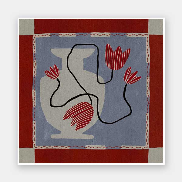 Whimsical design featuring expressive red blooms on black stems over a patchwork-style blue and red backdrop, from the Shatha collection with Urban Road.