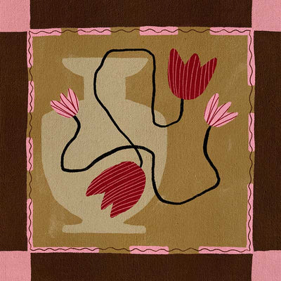Abstract floral composition with red blooms on black curving stems over a camel and brown patchwork base, framed in soft pink, from the Shatha collection with Urban Road.