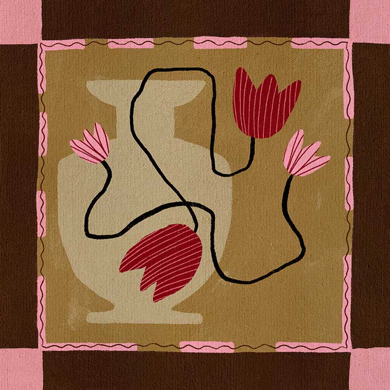Abstract floral composition with red blooms on black curving stems over a camel and brown patchwork base, framed in soft pink, from the Shatha collection with Urban Road.