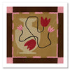 Abstract floral composition with red blooms on black curving stems over a camel and brown patchwork base, framed in soft pink, from the Shatha collection with Urban Road.