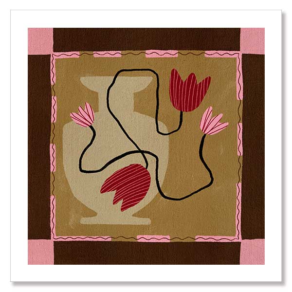 Abstract floral composition with red blooms on black curving stems over a camel and brown patchwork base, framed in soft pink, from the Shatha collection with Urban Road.