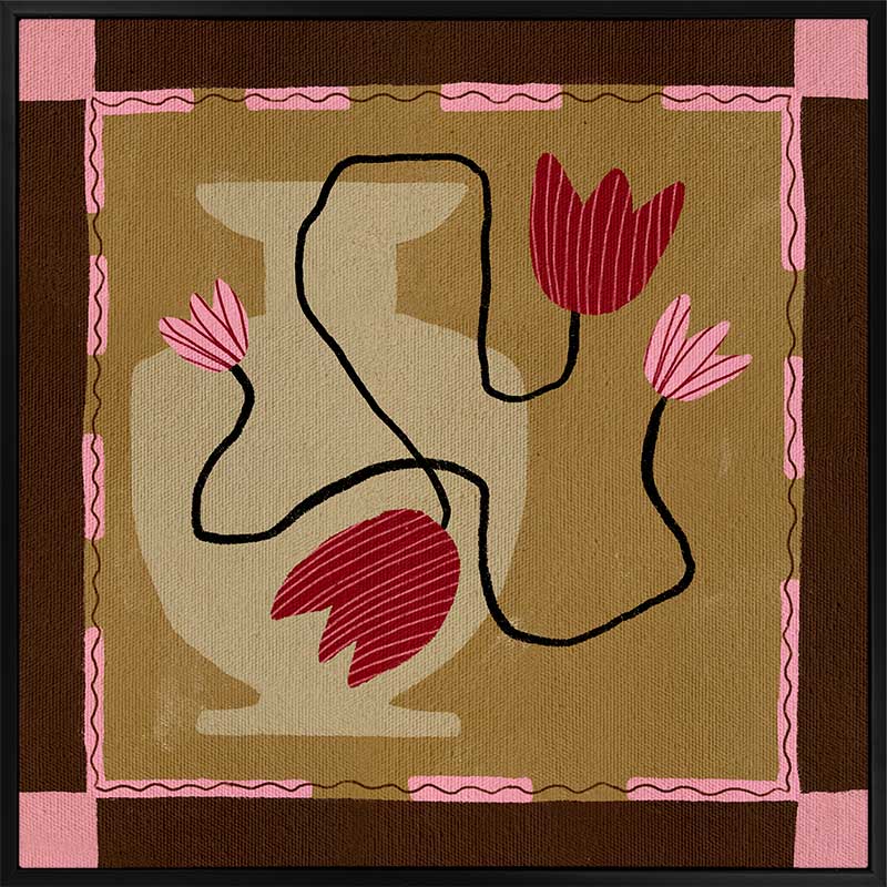 Abstract floral composition with red blooms on black curving stems over a camel and brown patchwork base, framed in soft pink, from the Shatha collection with Urban Road.