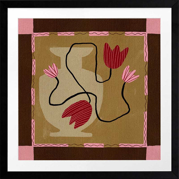 Abstract floral composition with red blooms on black curving stems over a camel and brown patchwork base, framed in soft pink, from the Shatha collection with Urban Road.
