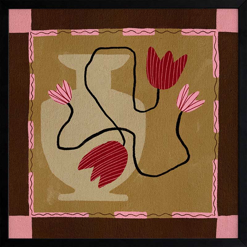 Abstract floral composition with red blooms on black curving stems over a camel and brown patchwork base, framed in soft pink, from the Shatha collection with Urban Road.