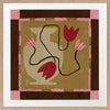 Abstract floral composition with red blooms on black curving stems over a camel and brown patchwork base, framed in soft pink, from the Shatha collection with Urban Road.