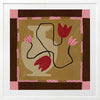 Abstract floral composition with red blooms on black curving stems over a camel and brown patchwork base, framed in soft pink, from the Shatha collection with Urban Road.