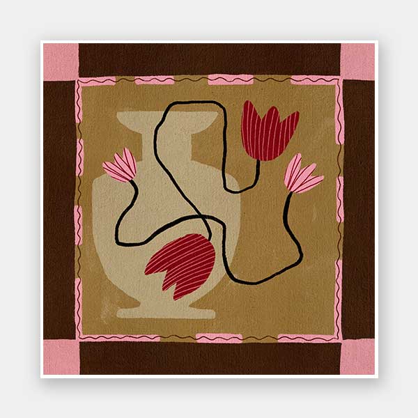 Abstract floral composition with red blooms on black curving stems over a camel and brown patchwork base, framed in soft pink, from the Shatha collection with Urban Road.