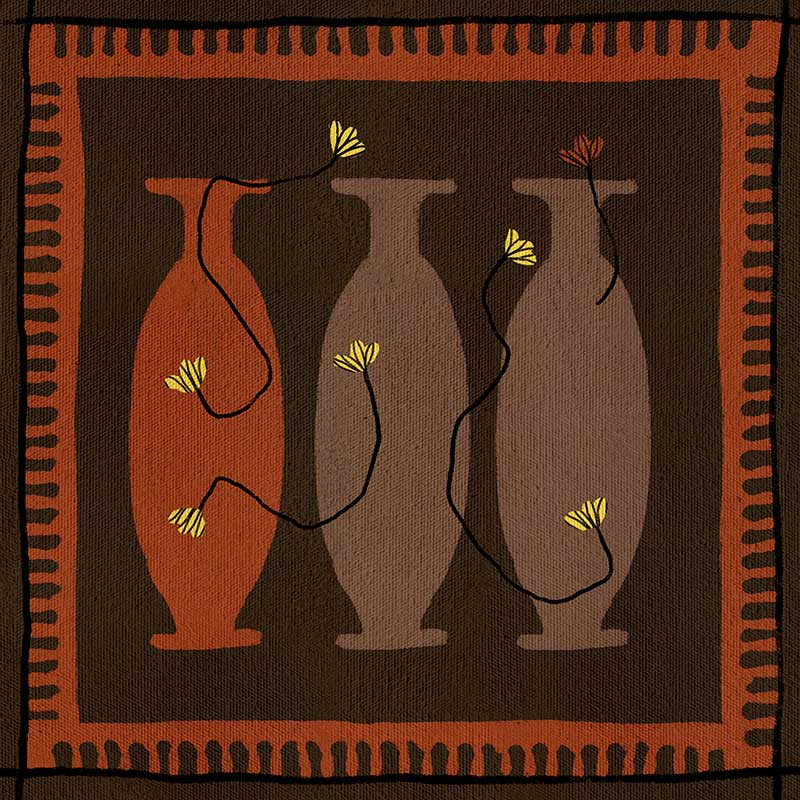 Graphic artwork of three tall vases in warm brown and terracotta tones, each holding yellow abstract flowers, set against a dark background with a bold border, from the Shatha collection with Urban Road.