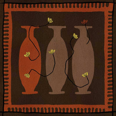 Graphic artwork of three tall vases in warm brown and terracotta tones, each holding yellow abstract flowers, set against a dark background with a bold border, from the Shatha collection with Urban Road.
