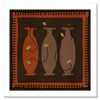Graphic artwork of three tall vases in warm brown and terracotta tones, each holding yellow abstract flowers, set against a dark background with a bold border, from the Shatha collection with Urban Road.
