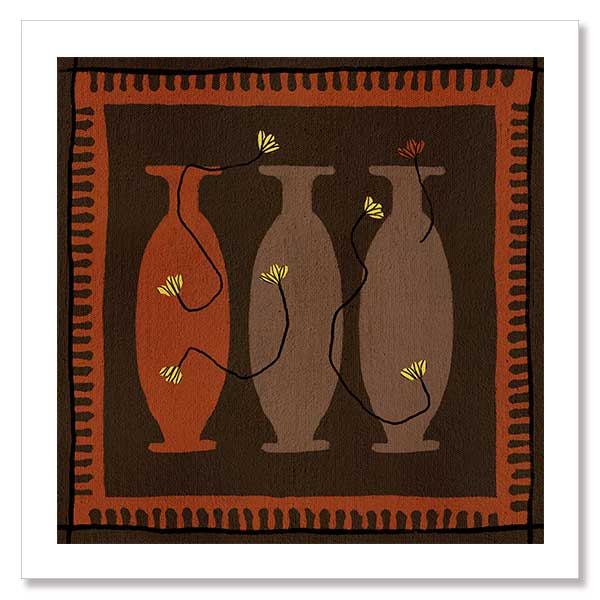 Graphic artwork of three tall vases in warm brown and terracotta tones, each holding yellow abstract flowers, set against a dark background with a bold border, from the Shatha collection with Urban Road.