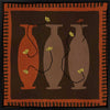 Graphic artwork of three tall vases in warm brown and terracotta tones, each holding yellow abstract flowers, set against a dark background with a bold border, from the Shatha collection with Urban Road.