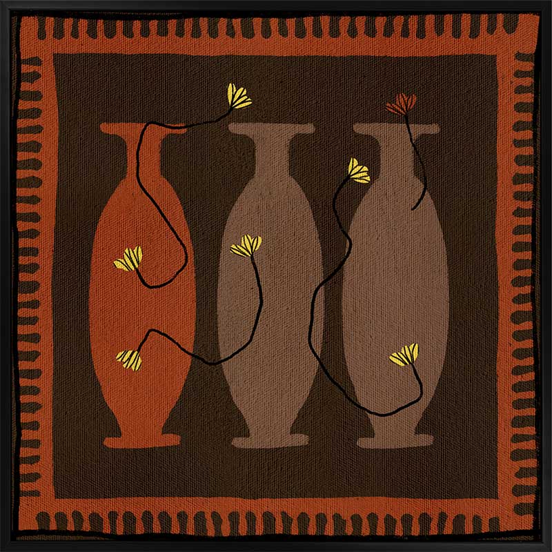 Graphic artwork of three tall vases in warm brown and terracotta tones, each holding yellow abstract flowers, set against a dark background with a bold border, from the Shatha collection with Urban Road.