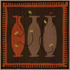 Graphic artwork of three tall vases in warm brown and terracotta tones, each holding yellow abstract flowers, set against a dark background with a bold border, from the Shatha collection with Urban Road.