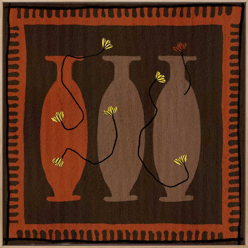 Graphic artwork of three tall vases in warm brown and terracotta tones, each holding yellow abstract flowers, set against a dark background with a bold border, from the Shatha collection with Urban Road.