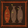 Graphic artwork of three tall vases in warm brown and terracotta tones, each holding yellow abstract flowers, set against a dark background with a bold border, from the Shatha collection with Urban Road.