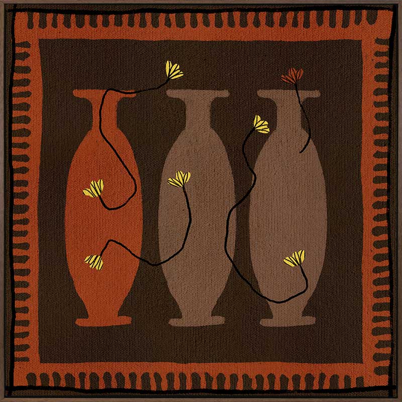Graphic artwork of three tall vases in warm brown and terracotta tones, each holding yellow abstract flowers, set against a dark background with a bold border, from the Shatha collection with Urban Road.