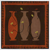 Graphic artwork of three tall vases in warm brown and terracotta tones, each holding yellow abstract flowers, set against a dark background with a bold border, from the Shatha collection with Urban Road.