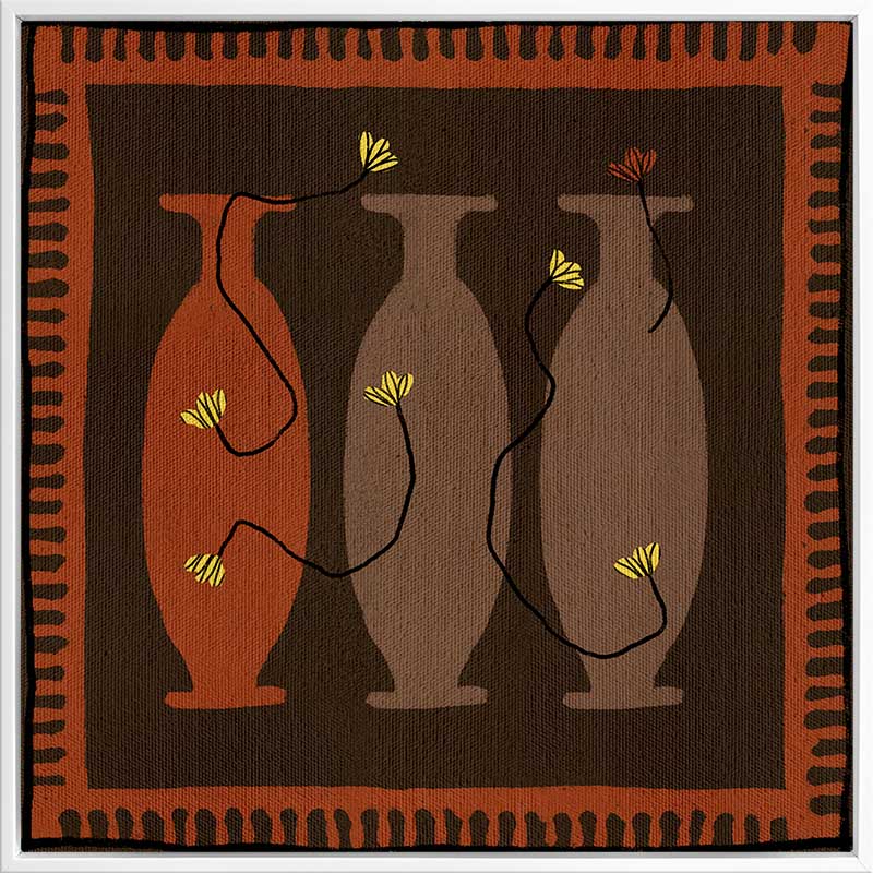 Graphic artwork of three tall vases in warm brown and terracotta tones, each holding yellow abstract flowers, set against a dark background with a bold border, from the Shatha collection with Urban Road.