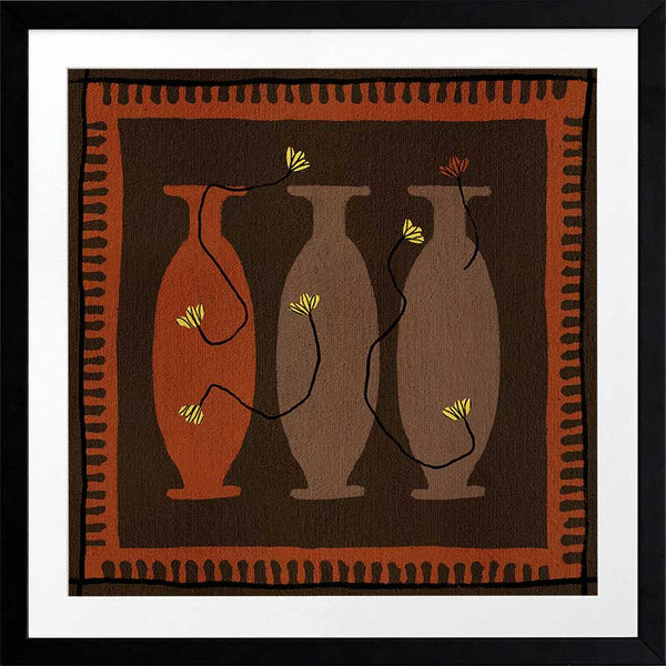 Graphic artwork of three tall vases in warm brown and terracotta tones, each holding yellow abstract flowers, set against a dark background with a bold border, from the Shatha collection with Urban Road.