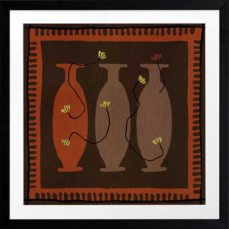 Graphic artwork of three tall vases in warm brown and terracotta tones, each holding yellow abstract flowers, set against a dark background with a bold border, from the Shatha collection with Urban Road.