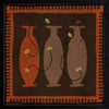 Graphic artwork of three tall vases in warm brown and terracotta tones, each holding yellow abstract flowers, set against a dark background with a bold border, from the Shatha collection with Urban Road.
