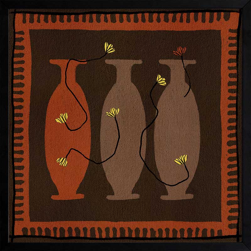 Graphic artwork of three tall vases in warm brown and terracotta tones, each holding yellow abstract flowers, set against a dark background with a bold border, from the Shatha collection with Urban Road.