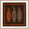 Graphic artwork of three tall vases in warm brown and terracotta tones, each holding yellow abstract flowers, set against a dark background with a bold border, from the Shatha collection with Urban Road.