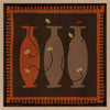 Graphic artwork of three tall vases in warm brown and terracotta tones, each holding yellow abstract flowers, set against a dark background with a bold border, from the Shatha collection with Urban Road.
