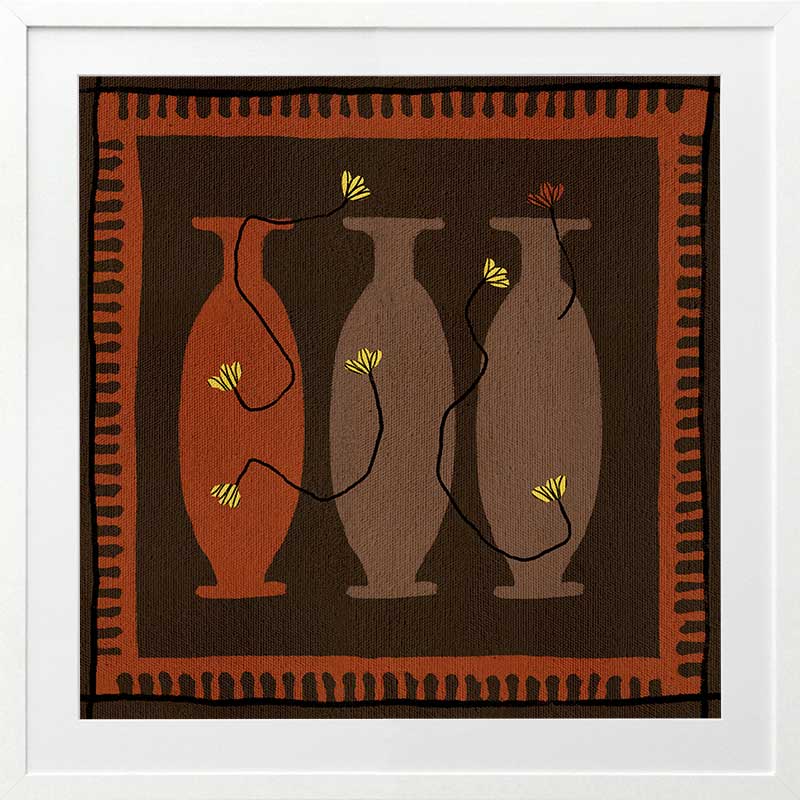 Graphic artwork of three tall vases in warm brown and terracotta tones, each holding yellow abstract flowers, set against a dark background with a bold border, from the Shatha collection with Urban Road.