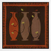Graphic artwork of three tall vases in warm brown and terracotta tones, each holding yellow abstract flowers, set against a dark background with a bold border, from the Shatha collection with Urban Road.