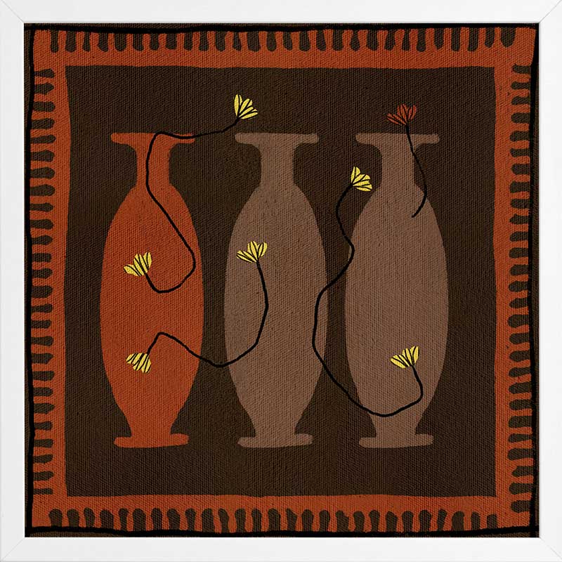 Graphic artwork of three tall vases in warm brown and terracotta tones, each holding yellow abstract flowers, set against a dark background with a bold border, from the Shatha collection with Urban Road.
