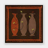 Graphic artwork of three tall vases in warm brown and terracotta tones, each holding yellow abstract flowers, set against a dark background with a bold border, from the Shatha collection with Urban Road.