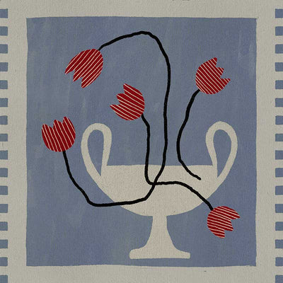 Stylised cream vase with abstract red flowers and winding black stems, placed on a muted blue background with light checkered trim, from the Shatha collection with Urban Road.