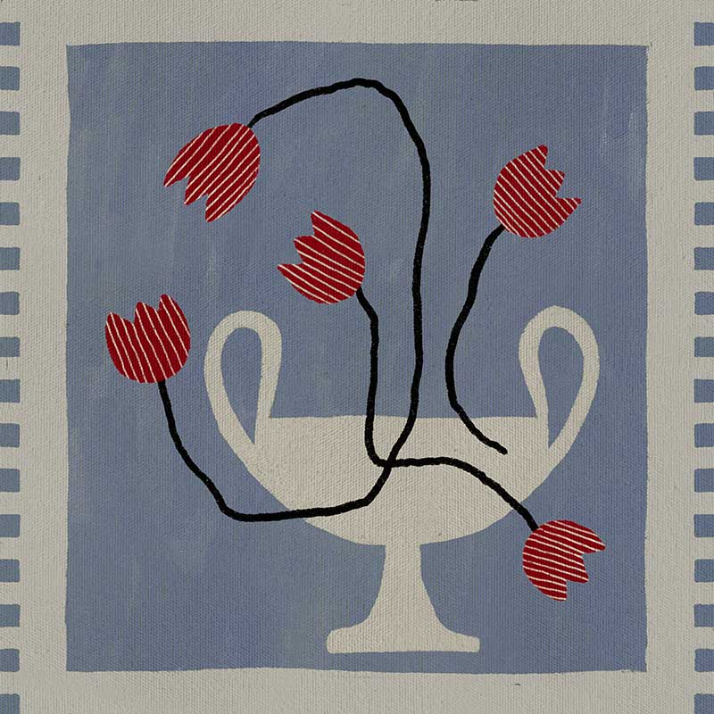 Stylised cream vase with abstract red flowers and winding black stems, placed on a muted blue background with light checkered trim, from the Shatha collection with Urban Road.