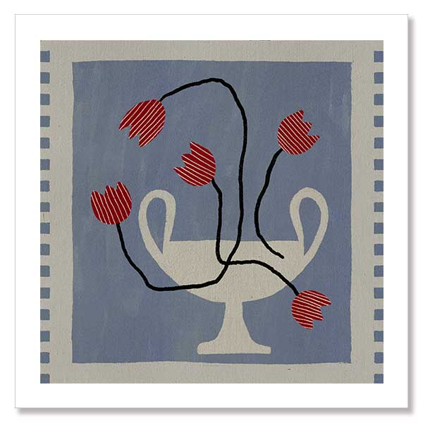 Stylised cream vase with abstract red flowers and winding black stems, placed on a muted blue background with light checkered trim, from the Shatha collection with Urban Road.