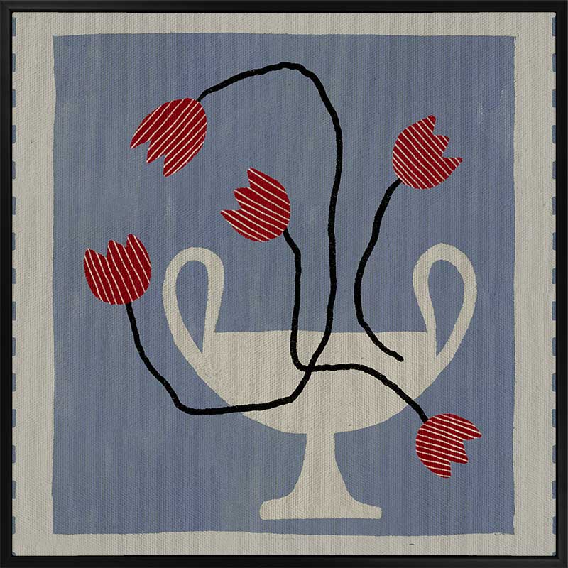 Stylised cream vase with abstract red flowers and winding black stems, placed on a muted blue background with light checkered trim, from the Shatha collection with Urban Road.