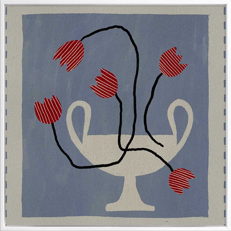 Stylised cream vase with abstract red flowers and winding black stems, placed on a muted blue background with light checkered trim, from the Shatha collection with Urban Road.