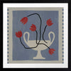 Stylised cream vase with abstract red flowers and winding black stems, placed on a muted blue background with light checkered trim, from the Shatha collection with Urban Road.