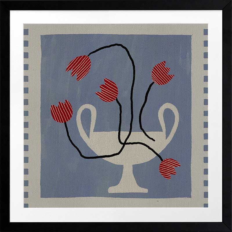 Stylised cream vase with abstract red flowers and winding black stems, placed on a muted blue background with light checkered trim, from the Shatha collection with Urban Road.