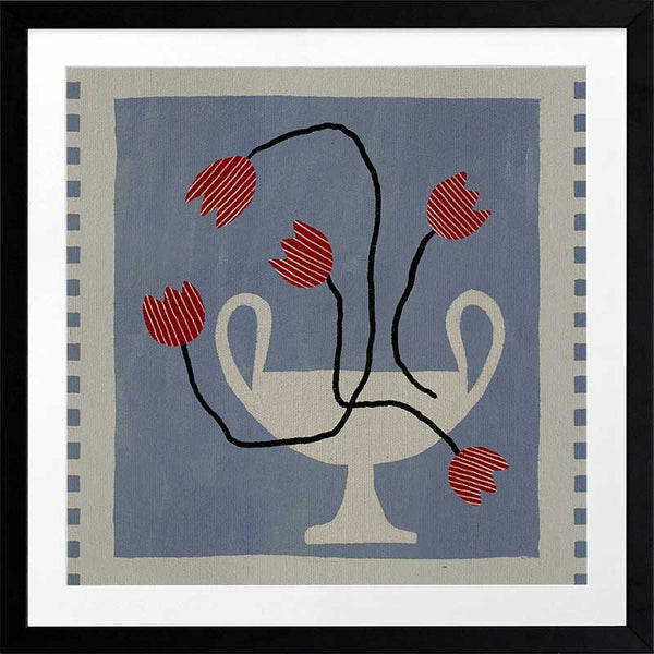 Stylised cream vase with abstract red flowers and winding black stems, placed on a muted blue background with light checkered trim, from the Shatha collection with Urban Road.